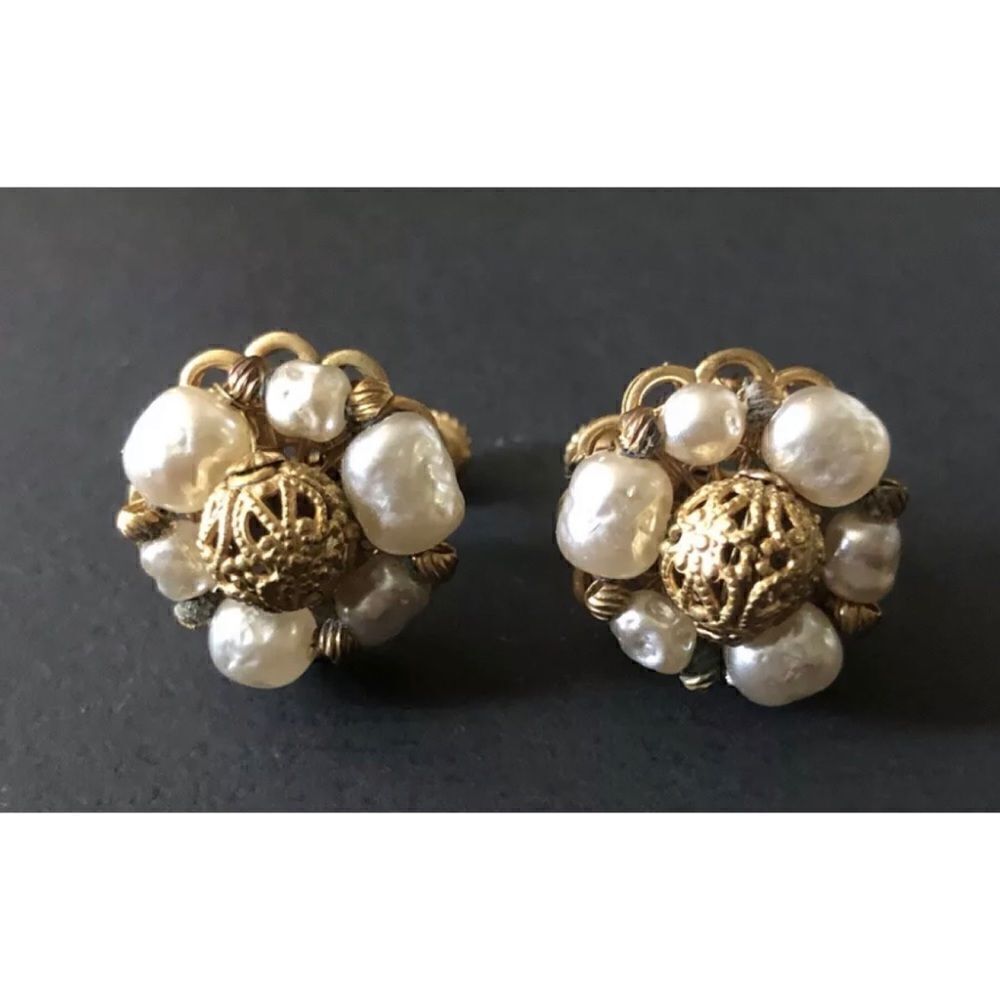 MIRIAM HASKELL Vintage Gold Gilt Baroque Faux Pearl Screw Clip Earrings Signed